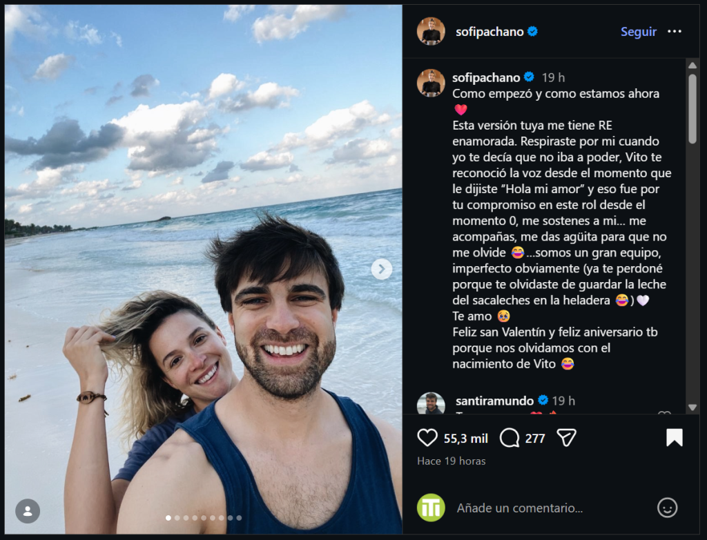 Posteo de instagram de Sofi Pachano con el tierno mensaje a su marido.