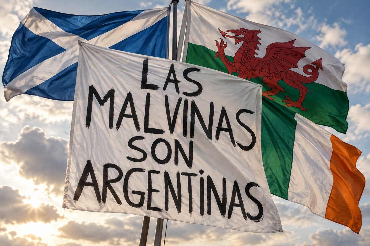 Banderas de Escocia, Gales e Irlanda junto a la bandera de reclamo argentino Las Malvinas Son Argentinas, ilustrando el doble discurso del Reino Unido sobre autodeterminación
