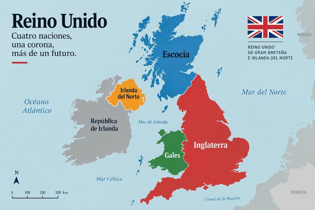 Mapa del Reino Unido con sus cuatro naciones: Inglaterra, Escocia, Gales e Irlanda del Norte, y la República de Irlanda independiente