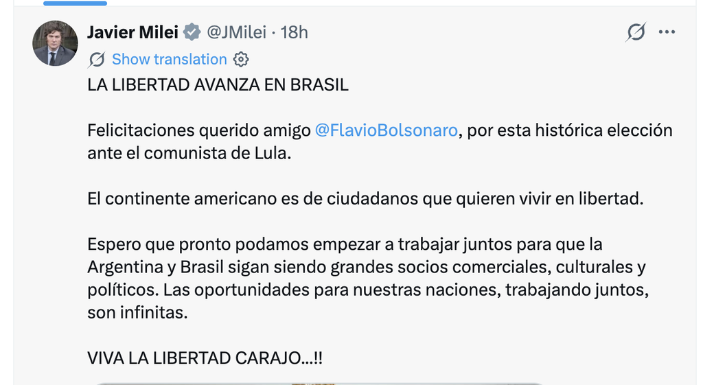 Captura del posteo de Javier Milei en X en el que felicita a Flávio Bolsonaro por el resultado de la primera vuelta en Brasil.